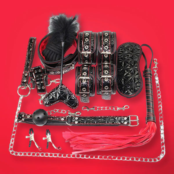 Bộ bạo dâm BDSM 10 món bọc da vân đỏ cực chất